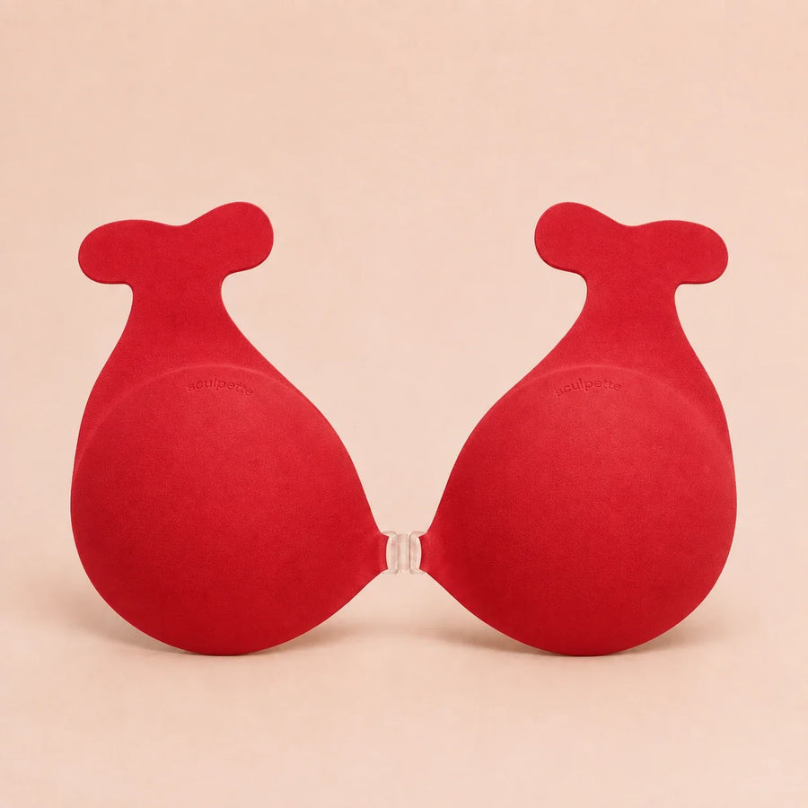 Sculpette Statement Bra in Scarlet, adhesive strapless bra with a clear front clasp