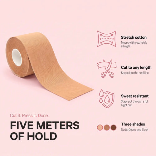 Sculpette Body Tape features: stretch cotton, cut to any length, sweat resistant, three shades