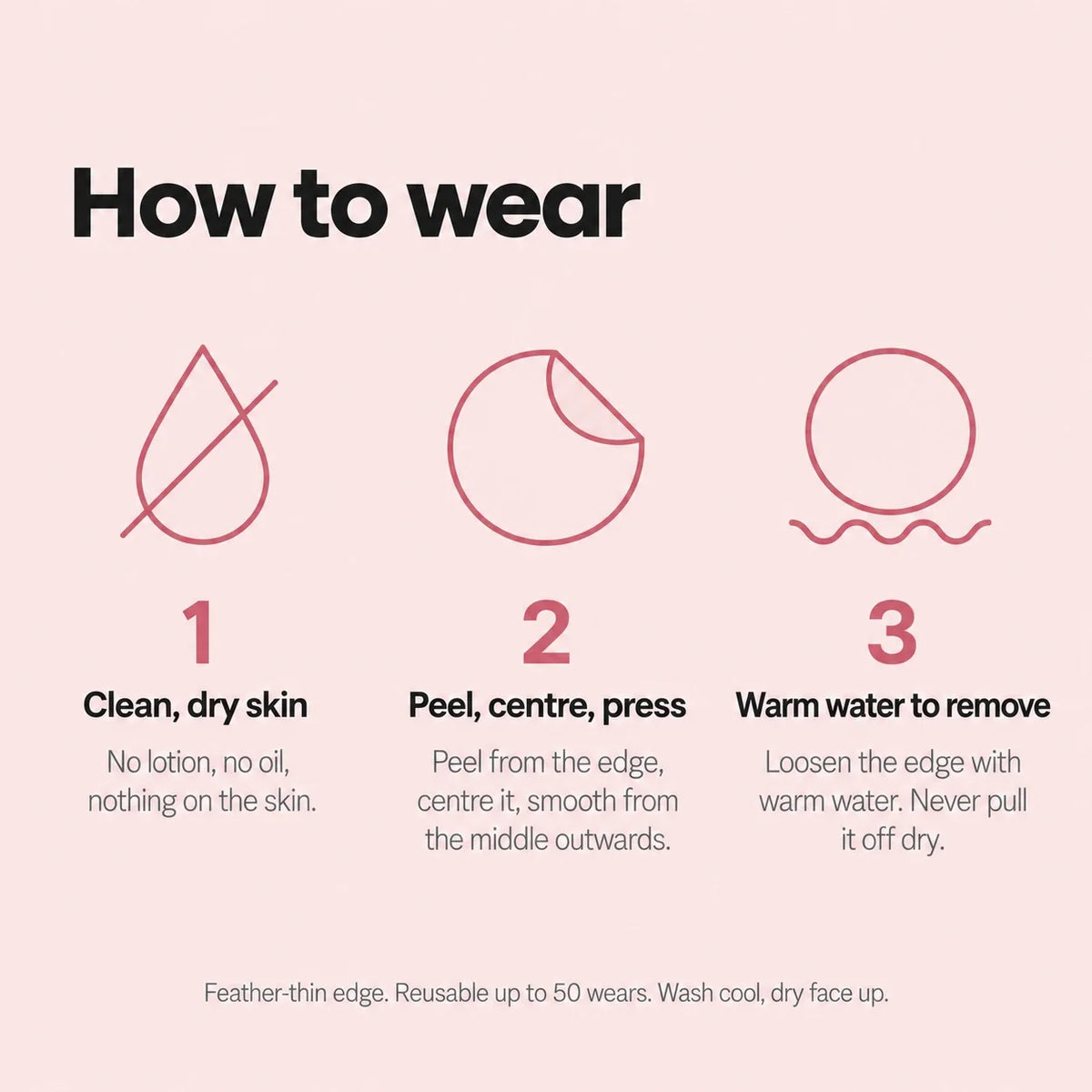 How to wear The Sculpt Round – clean dry skin, peel centre press, warm water to remove