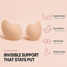 Sculpette invisible bra with features: strapless and backless, secure adhesive, easy front clasp, washable and reusable