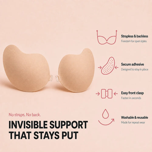 Sculpette invisible bra with features: strapless and backless, secure adhesive, easy front clasp, washable and reusable