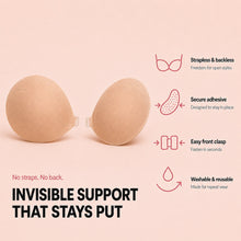 Sculpette sticky bra with features: strapless and backless, secure adhesive, easy front clasp, washable and reusable