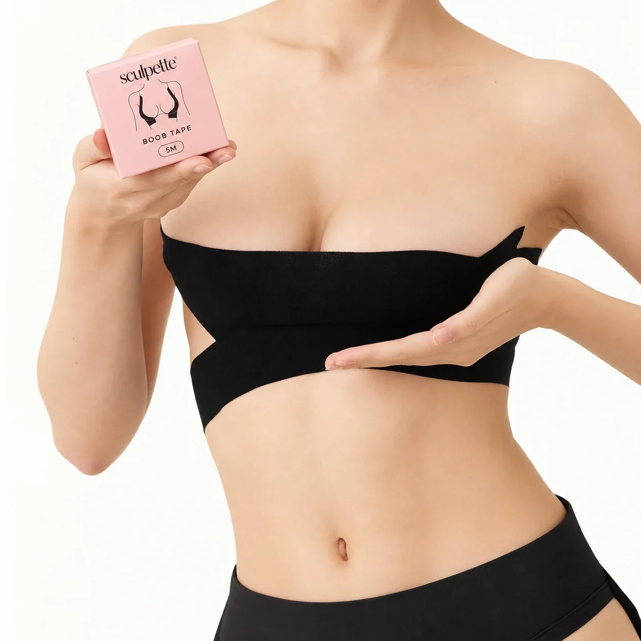 Sculpette Body Tape in Black wrapped as a bandeau, with the box